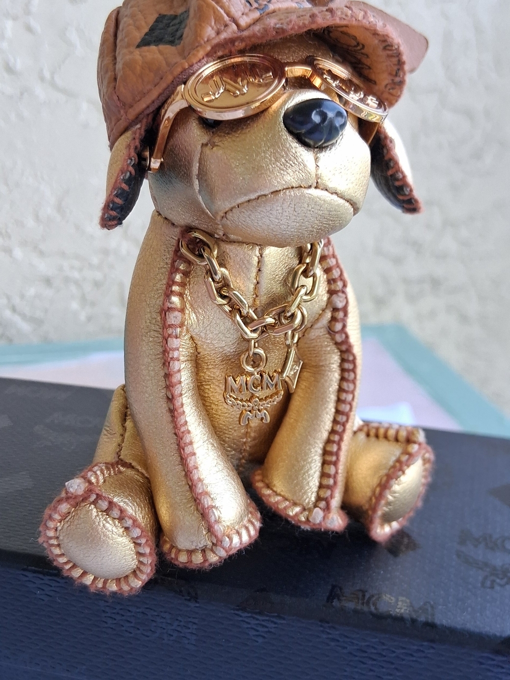 MCM Gold Leather Dog Key Charm with Sunglasses - Picture 9 of 11